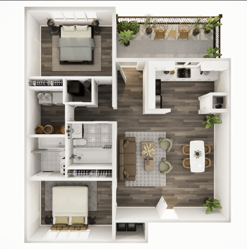 Floor plan for 2 beds, 2 baths, 1000 sqft